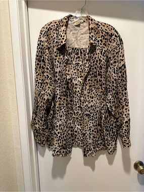 Suitsme 100% Silk Leopard Print Button Down Long Sleeve Blouse Size XL